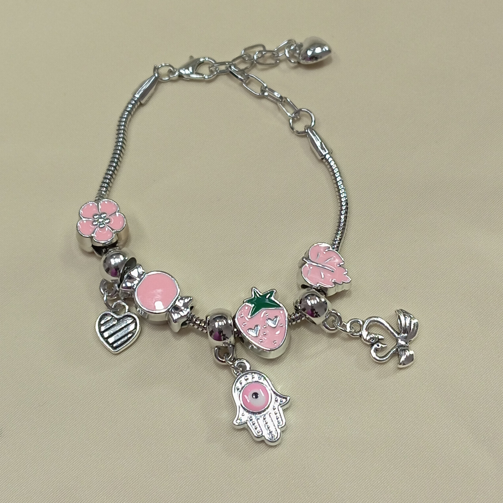 Pulseira Berloque Morango Rosa